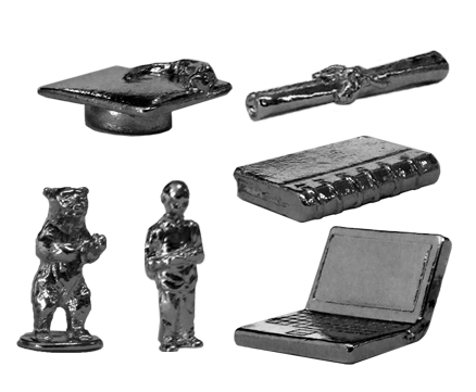 metal pewter nickel plated school game pieces: graduation hat, diploma, backpacker, laptop, notebook and bear